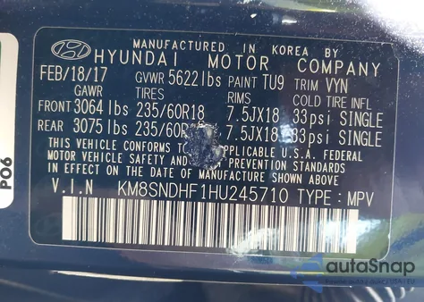 2017 Hyundai Santa Fe Se z USA, uszkodzony, nr VIN KM8SNDHF1HU245710